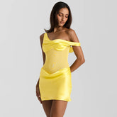 Imitation silk off-shoulder stitching mesh dress